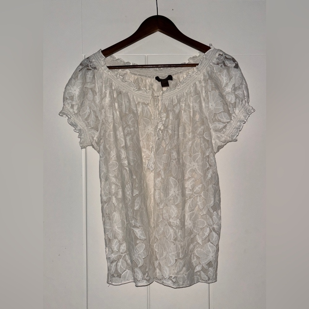 Vtg Trulli Babydoll Semi Sheer Lace Milkmaid Chiffon Coquette Blouse Women‎ L